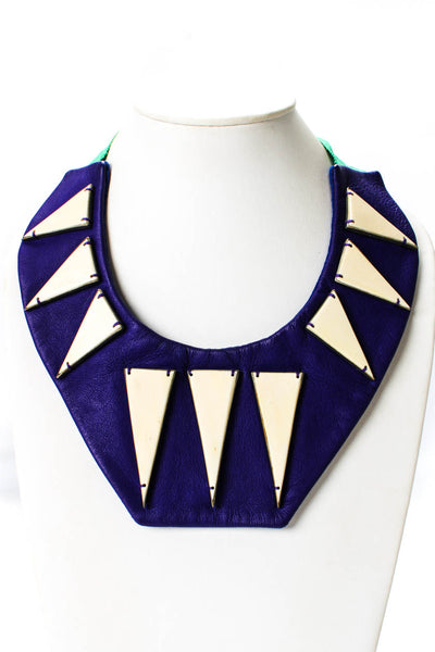 Parme Marin Womens Purple Leather Bone Triangle Geometric Bib Necklace OS