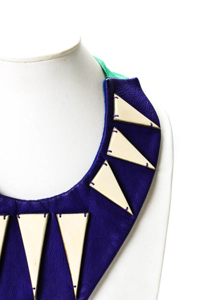 Parme Marin Womens Purple Leather Bone Triangle Geometric Bib Necklace OS