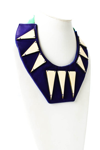 Parme Marin Womens Purple Leather Bone Triangle Geometric Bib Necklace OS