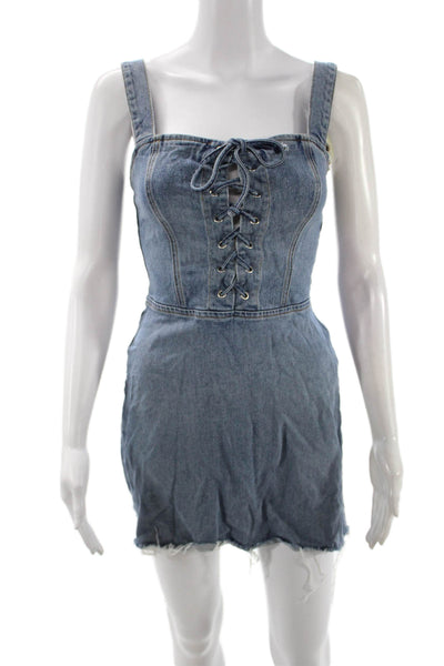 Reformation Women Blue Cotton Square Neck Overall Mini Dress Sleeveless Size 2