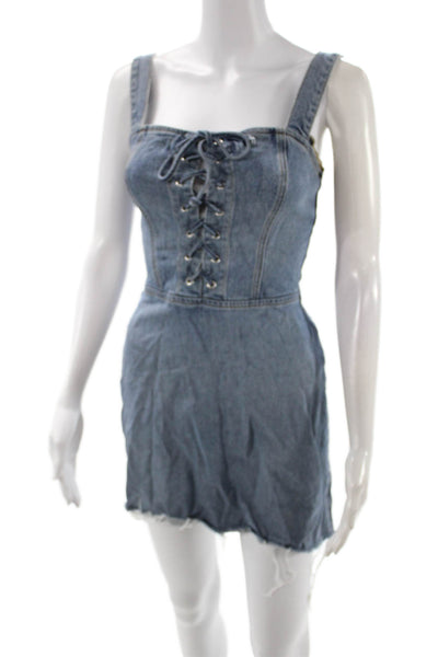 Reformation Women Blue Cotton Square Neck Overall Mini Dress Sleeveless Size 2