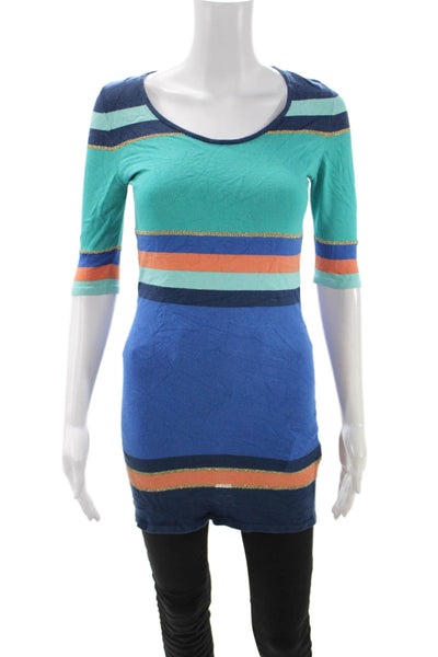 Torn by Ronny Kobo Womens Tunic Blue Striped 3/4 Sleeve Round Neck Size XS
