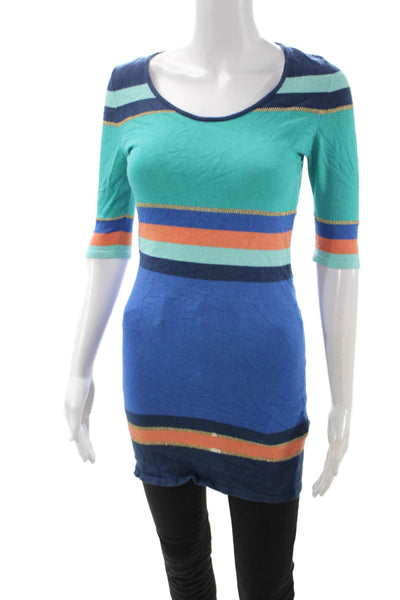 Torn by Ronny Kobo Womens Tunic Blue Striped 3/4 Sleeve Round Neck Size XS