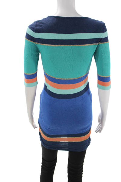 Torn by Ronny Kobo Womens Tunic Blue Striped 3/4 Sleeve Round Neck Size XS