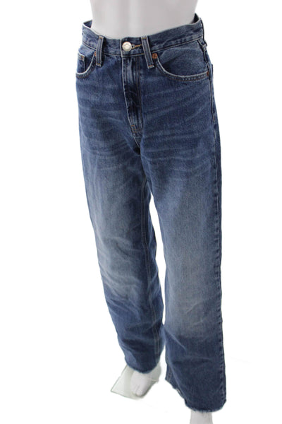 Zara Unisex Dark Blue High Rise Wide Leg Straight Jeans Size 2