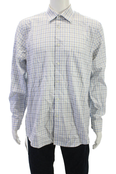 Joseph Abboud Mens Plaid Button Down Shirt White Blue Size 16.5 34/35
