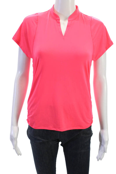 Lucky In Love Womens Pink V-Neck Polo Short Sleeve Drawstring Top Size S