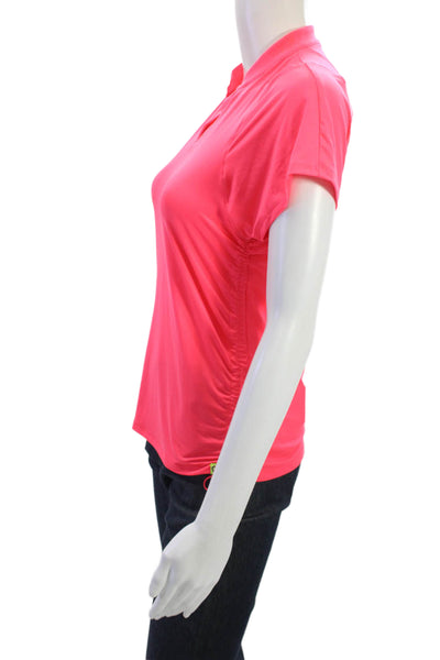 Lucky In Love Womens Pink V-Neck Polo Short Sleeve Drawstring Top Size S