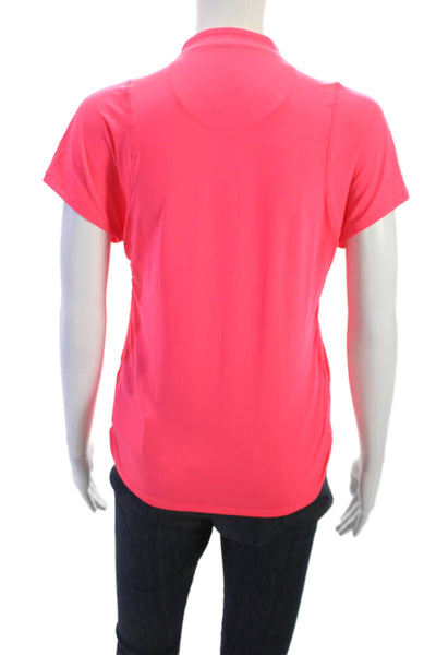 Lucky In Love Womens Pink V-Neck Polo Short Sleeve Drawstring Top Size S