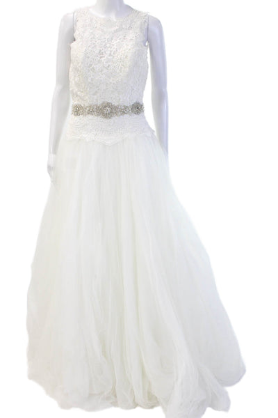 Madeline Gardner Womens Sleeveless Lace-Detail Full Length Wedding Dress White