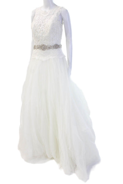 Madeline Gardner Womens Sleeveless Lace-Detail Full Length Wedding Dress White