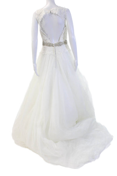 Madeline Gardner Womens Sleeveless Lace-Detail Full Length Wedding Dress White