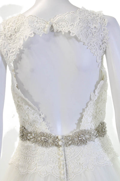 Madeline Gardner Womens Sleeveless Lace-Detail Full Length Wedding Dress White