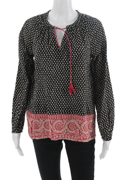 Boden Womens Tunic Blouse Black Polka Dot Cotton Long Sleeve Boho Size 6