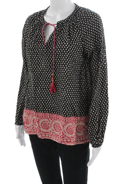 Boden Womens Tunic Blouse Black Polka Dot Cotton Long Sleeve Boho Size 6