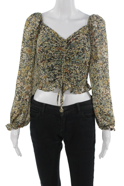 ASTR Womens Cropped Floral V-Neck Long Sleeve Drawstring Blouse Beige Size XS