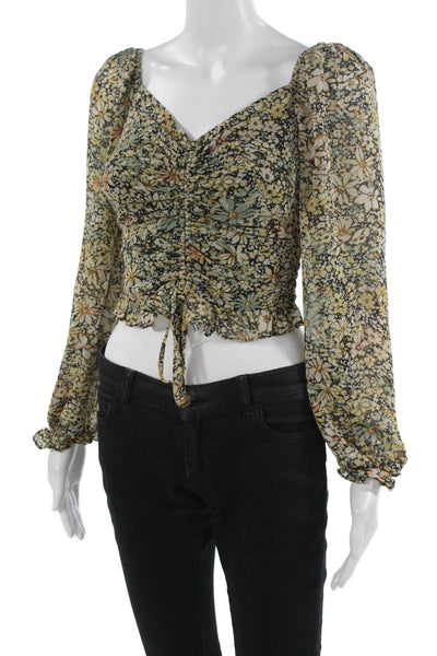 ASTR Womens Cropped Floral V-Neck Long Sleeve Drawstring Blouse Beige Size XS
