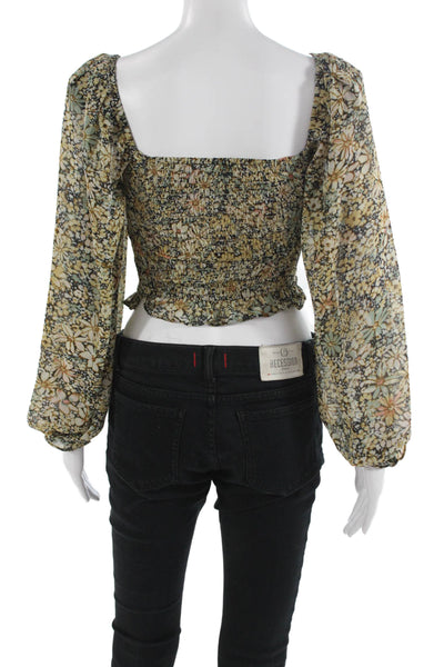 ASTR Womens Cropped Floral V-Neck Long Sleeve Drawstring Blouse Beige Size XS