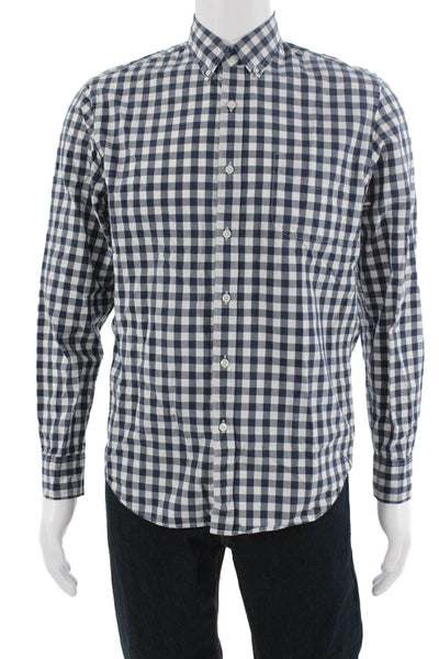 J Crew Mens Gingham Plaid Slim Fit Button Down Shirt Navy Blue Size Medium