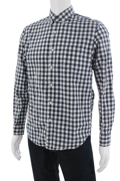 J Crew Mens Gingham Plaid Slim Fit Button Down Shirt Navy Blue Size Medium
