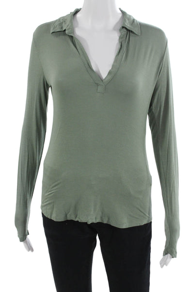 Majestic Filatures Women Green V-Neck Long Sleeve Basic T-Shirt Size 2