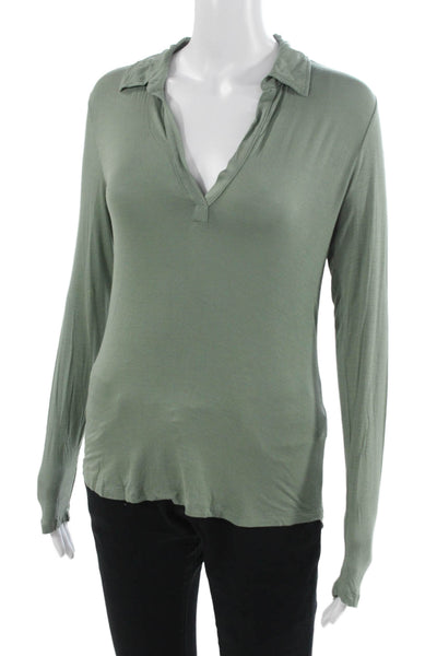 Majestic Filatures Women Green V-Neck Long Sleeve Basic T-Shirt Size 2