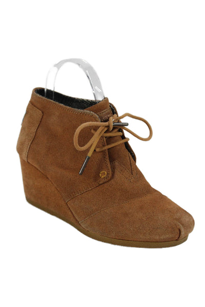TOMS Womens Suede Lace Up Wedge Ankle Boots Camel Brown Size 7