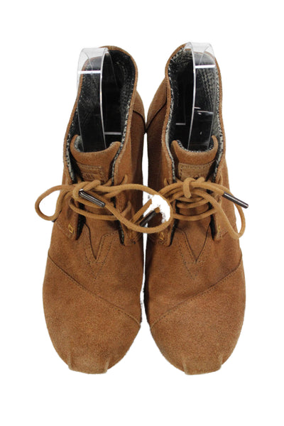 TOMS Womens Suede Lace Up Wedge Ankle Boots Camel Brown Size 7
