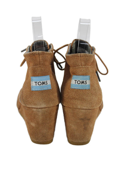 TOMS Womens Suede Lace Up Wedge Ankle Boots Camel Brown Size 7
