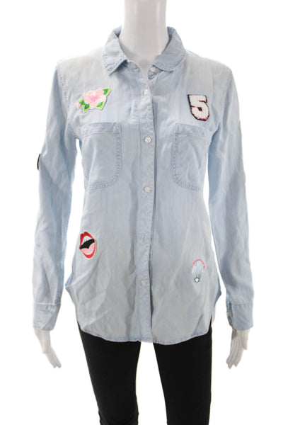 Rails Womens Light Blue Collared Floral Button-Up Long Sleeve Petites Size XS