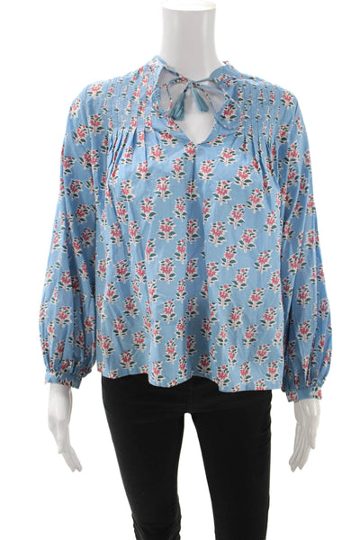 Marea Women Bohemian Floral Light Blue Cotton Long Sleeve Blouse Size XS