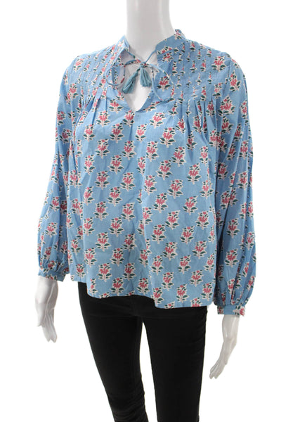 Marea Women Bohemian Floral Light Blue Cotton Long Sleeve Blouse Size XS