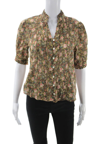 Trovata Womens Green Floral High Neck Button Up Blouse Short Sleeve Size XS