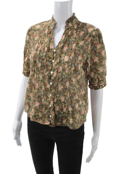 Trovata Womens Green Floral High Neck Button Up Blouse Short Sleeve Size XS