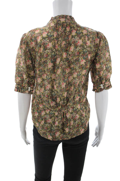 Trovata Womens Green Floral High Neck Button Up Blouse Short Sleeve Size XS