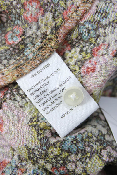 Trovata Womens Green Floral High Neck Button Up Blouse Short Sleeve Size XS
