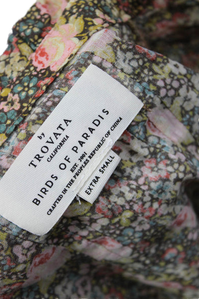 Trovata Womens Green Floral High Neck Button Up Blouse Short Sleeve Size XS