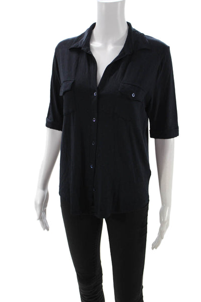 Majestic Filatures Womens Collared Button-Up Black 3/4 Sleeve Viscose Size 4