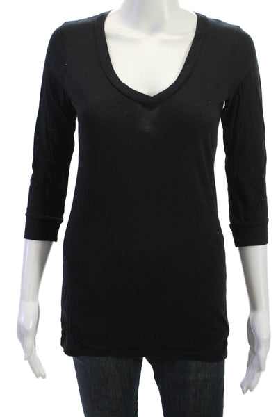 Splendid Women Basic V-Neck Tunic 3/4 Sleeve Black T-Shirt Size M