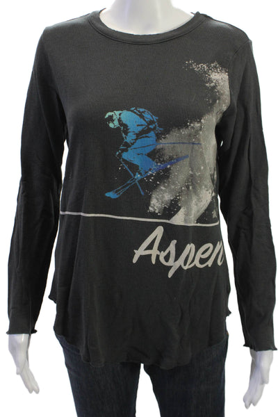 Chaser Womens Graphic Long Sleeve Basic T Shirt Black Crew Neck Size L