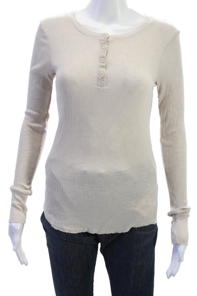 Sundry Womens Basic Beige Long Sleeve Button-Up Top Round Neck Size 2