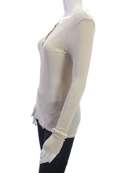Sundry Womens Basic Beige Long Sleeve Button-Up Top Round Neck Size 2