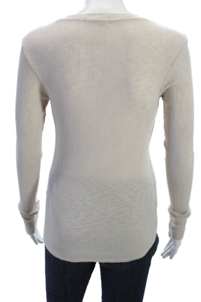 Sundry Womens Basic Beige Long Sleeve Button-Up Top Round Neck Size 2