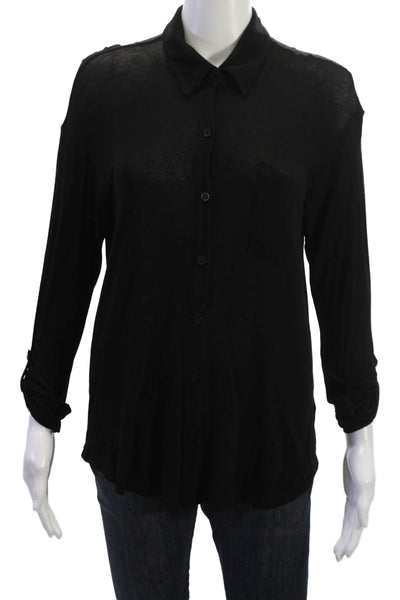 Splendid Women Black Basic Button-Up Long Sleeve Collared Top Size M