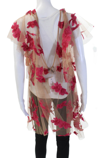 For Love & Lemons Womens Kimono Floral Beige Short Sleeve Top Size L