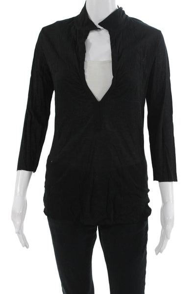 Lamberto Losani Womens Black Cotton Collared Tunic 3/4 Sleeve Size L