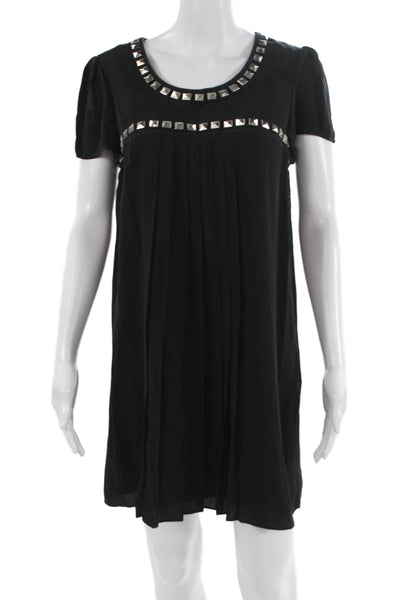 Catherine Malandrino Women Shift Dress Black Short Sleeve Silk Zip Size 6