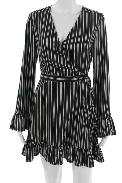 The Fifth Label Women Wrap Mini Dress Black Striped V-Neck Long Sleeve Size S