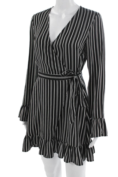The Fifth Label Women Wrap Mini Dress Black Striped V-Neck Long Sleeve Size S
