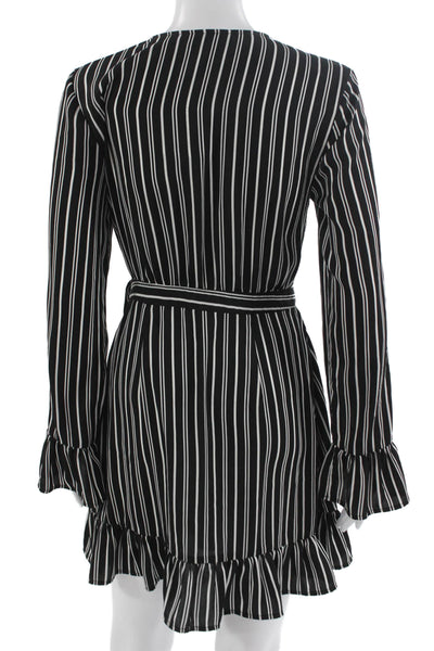 The Fifth Label Women Wrap Mini Dress Black Striped V-Neck Long Sleeve Size S